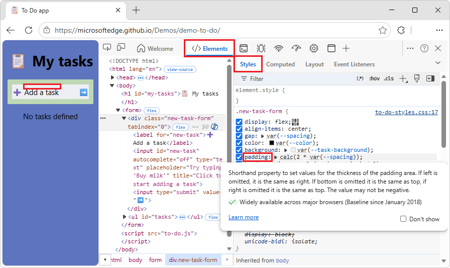 Información sobre herramientas con documentación sobre una propiedad CSS
