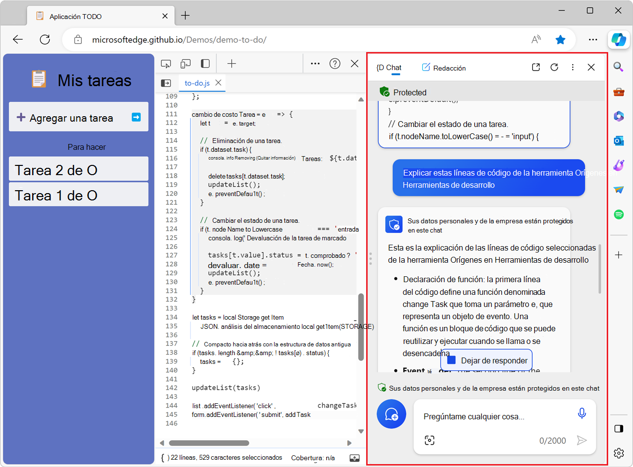 Copilot en la barra lateral de Microsoft Edge, donde se muestra el código fuente y la explicación.
