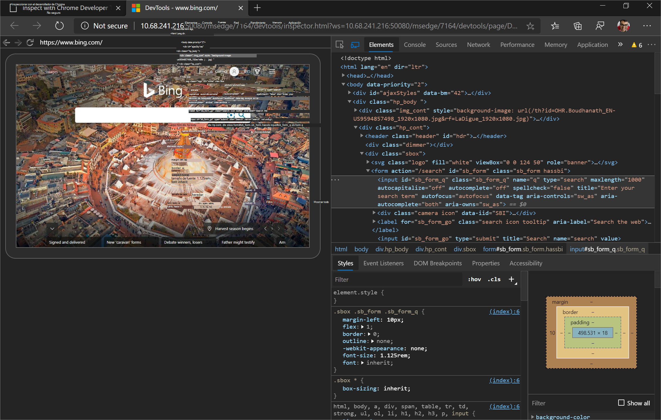 DevTools de Microsoft Edge en el cliente depurando una pestaña de Microsoft Edge en el host