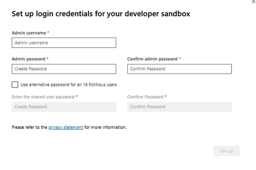 Configuración de las credenciales de inicio de sesión para su espacio aislado de desarrollador: campos de nombre de usuario y contraseña de administrador
