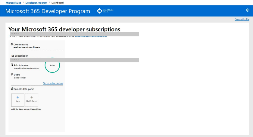 Panel del Programa para desarrolladores de Microsoft 365 que muestra la suscripción activa con nombre de dominio, administrador y paquetes de datos de ejemplo