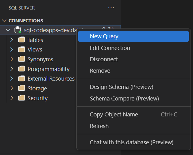 Comando New Query para la base de datos en la extensión SQL de VS Code