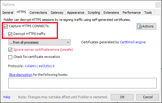 Captura de pantalla de las opciones de HTTPS de Fiddler para capturar y descifrar el tráfico HTTPS.