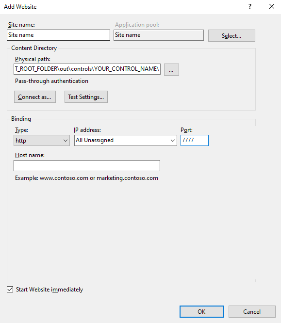Captura de pantalla de la configuración de IIS para hospedar archivos de componentes de código en un sitio web local.