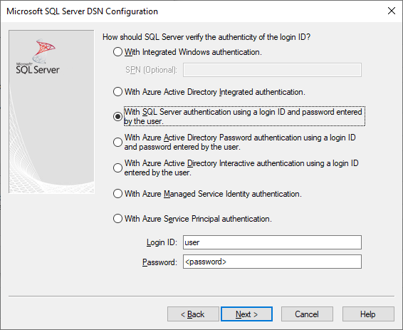 La pantalla de creación y edición de DSN con la autenticación de SQL&nbsp;Server seleccionada.