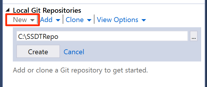 Captura de pantalla de la sección del repositorio Git local con la opción «Nuevo» resaltada.