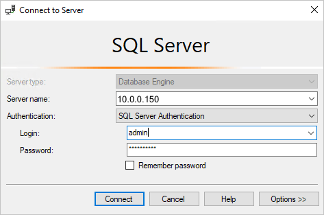 Captura de pantalla del diálogo Conectar al servidor en SQL Server Management Studio.