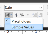 Captura de pantalla que muestra la opción Valores de Ejemplo en el Report Builder.