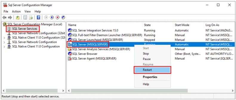 Captura de pantalla que muestra el comando para reiniciar SQL Server.