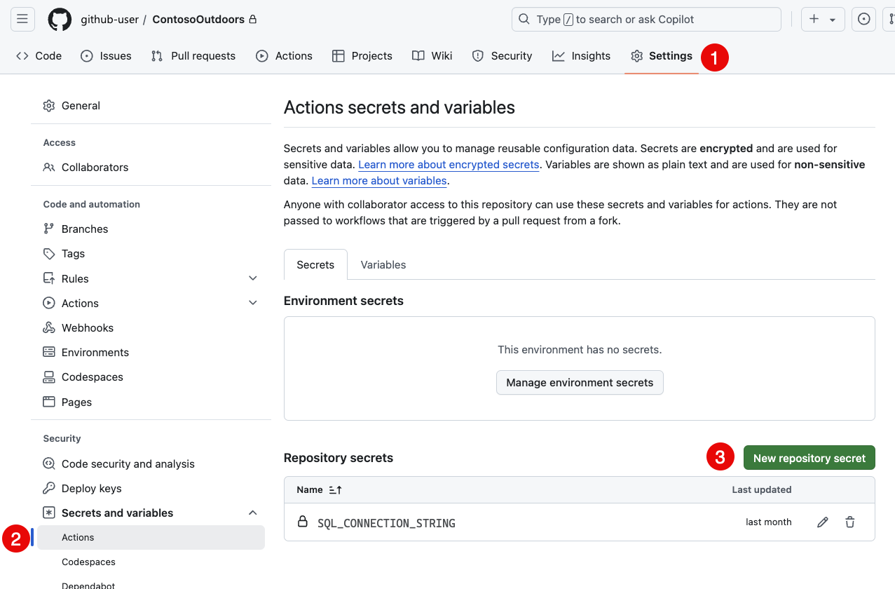 Captura de pantalla de la configuración del repositorio de GitHub con el botón Nuevo secreto de repositorio resaltado.