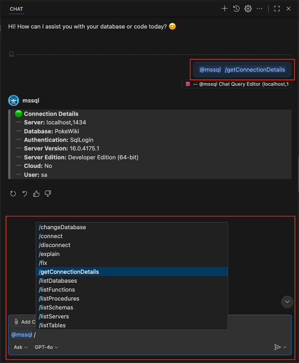Captura de pantalla del uso de un ejemplo de comando de barra diagonal en el chat de GitHub Copilot.