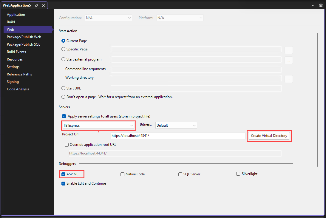 Captura de pantalla que muestra la configuración del depurador de ASP.NET.