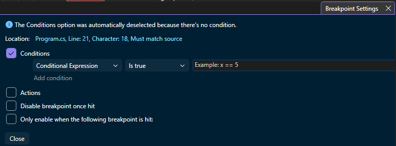 Screenshot que muestra cómo establecer un punto de interrupción condicional en Visual Studio.
