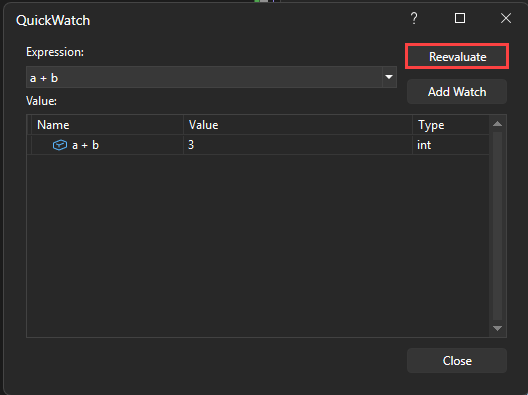 Captura de pantalla de una expresión en la ventana de QuickWatch.