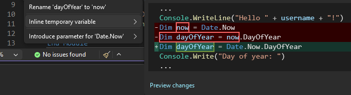 Captura de pantalla que muestra la sugerencia de variable temporal en línea en Visual Studio.