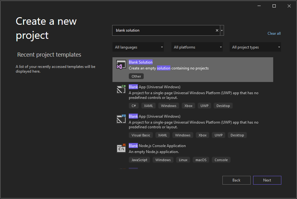 Screenshot que muestra la ventana Crear un nuevo proyecto en Visual Studio 2022 con 