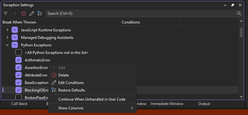 Captura de pantalla que muestra la ventana Configuración de excepciones en el depurador de Visual Studio.
