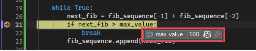Captura de pantalla que muestra el valor de DataTips de una variable en el depurador de Visual Studio.