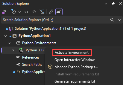Captura de pantalla que muestra cómo activar un entorno para un proyecto de Python en Visual Studio.