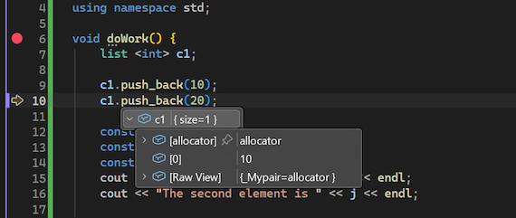 Capture d’écran montrant comment afficher les info-bulles de données pour les variables de code dans le débogueur Visual Studio.