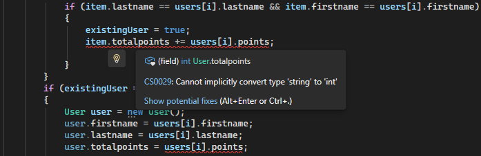 Screenshot montrant l’erreur de conversion de type dans Visual Studio.