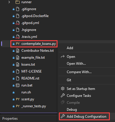 Screenshot qui montre comment sélectionner l’option Ajouter une configuration de débogage pour un fichier sélectionné dans Visual Studio.
