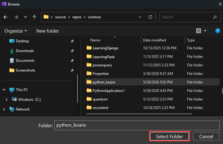 Screenshot qui montre comment sélectionner le dossier local dans Visual Studio.