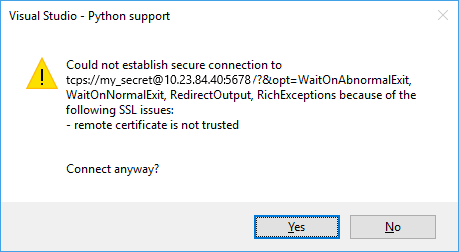 Capture d’écran de l’avertissement indiquant que le certificat SSL distant n’est pas approuvé.