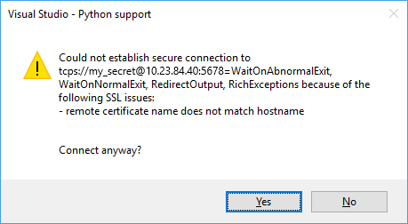 Capture d’écran de l’avertissement indiquant que le certificat SSL distant ne correspond pas au nom d’hôte.