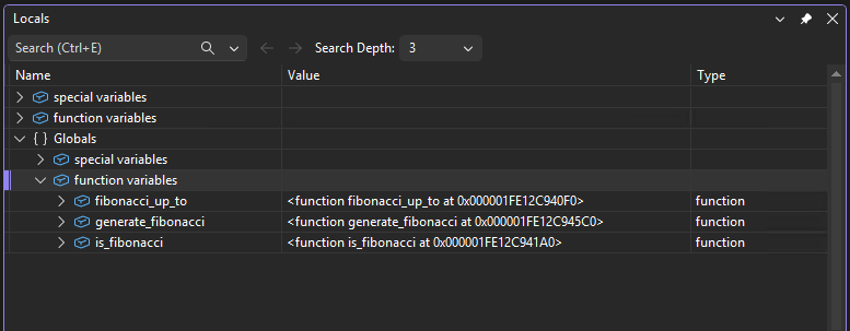 Screenshot qui affiche la fenêtre Locals dans le débogueur Visual Studio.