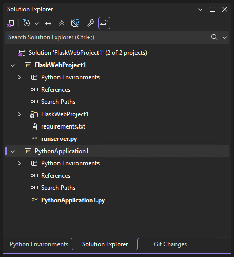 Capture d’écran montrant une solution Visual Studio contenant des projets Python et Flask dans l’Explorateur de solutions.