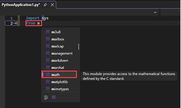 Capture d’écran montrant comment IntelliSense affiche les modules disponibles pour l’instruction « from » dans l’éditeur dans Visual Studio.