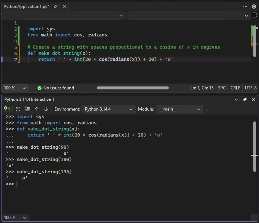 Capture d’écran montrant comment exécuter un test du code de fonction envoyé à la fenêtre interactive dans Visual Studio.