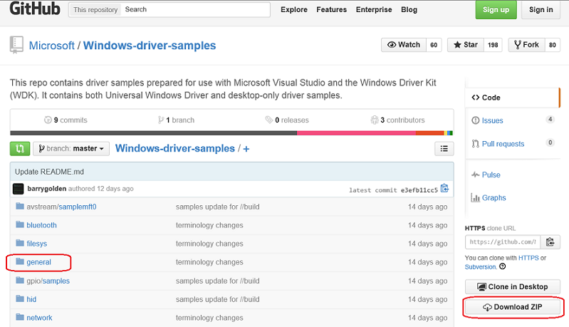 Capture d’écran de la page Windows-driver-samples GitHub mettant en évidence le dossier général et le bouton zip de téléchargement.