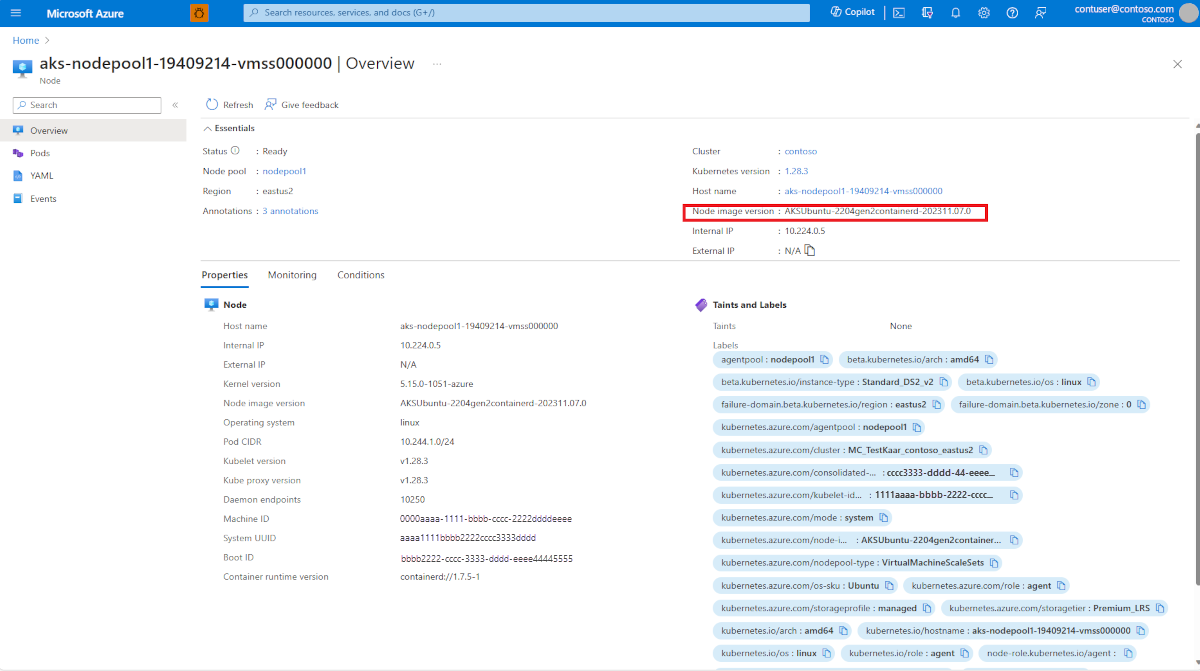 Screenshot della pagina dei nodi per un cluster del servizio Azure Kubernetes nel portale di Azure. L'etichetta per la versione dell'immagine del nodo mostra chiaramente l'immagine del nodo di base e la data della patch di sicurezza applicata più di recente.