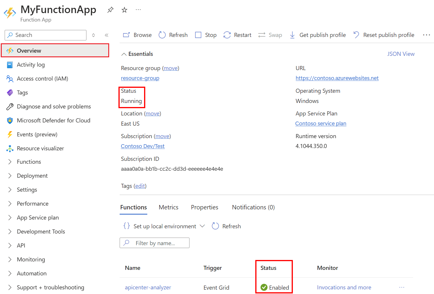 Screenshot dell'app per le funzioni nel portale di Azure che mostra lo stato In esecuzione e la funzione Abilitata.