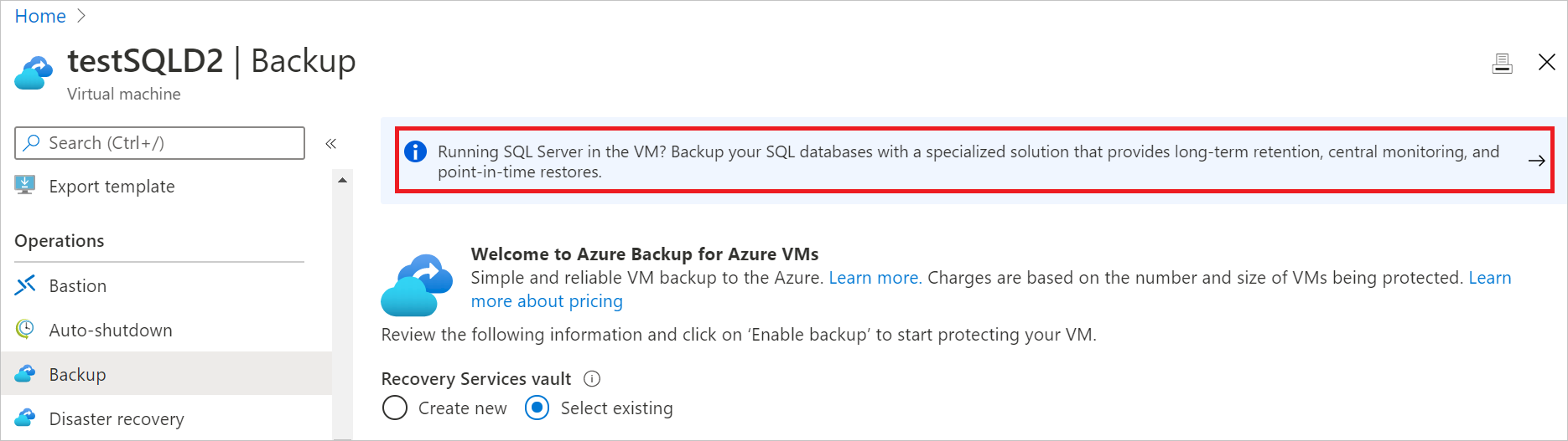 Screenshot che mostra la vista del backup di SQL Server.
