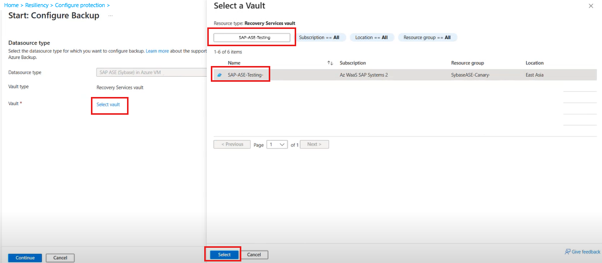 Screenshot che mostra come selezionare un insieme di credenziali per configurare il backup.