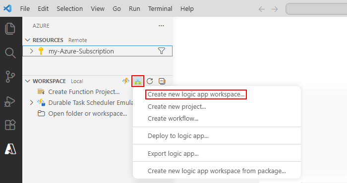 Screenshot che mostra Visual Studio Code, la finestra di Azure e il menu della barra degli strumenti Area di lavoro con l'opzione Crea nuova area di lavoro dell'app per la logica selezionata.