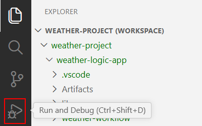 Screenshot che mostra la barra attività di Visual Studio Code con Esegui e Debug selezionati.