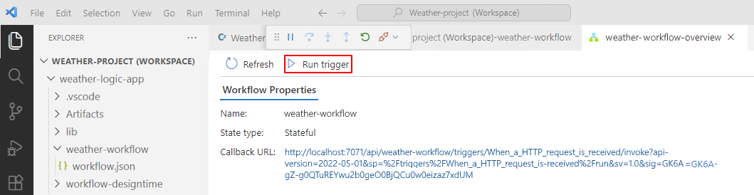 Screenshot che mostra Visual Studio Code e la pagina Overview aperta del flusso di lavoro.