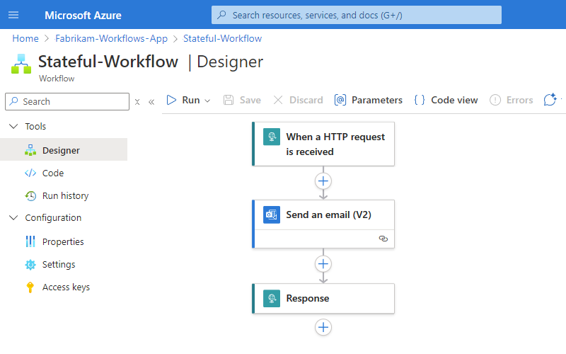 Screenshot che mostra l'app per la logica distribuita da Visual Studio Code e la finestra di progettazione con il flusso di lavoro creato in precedenza.