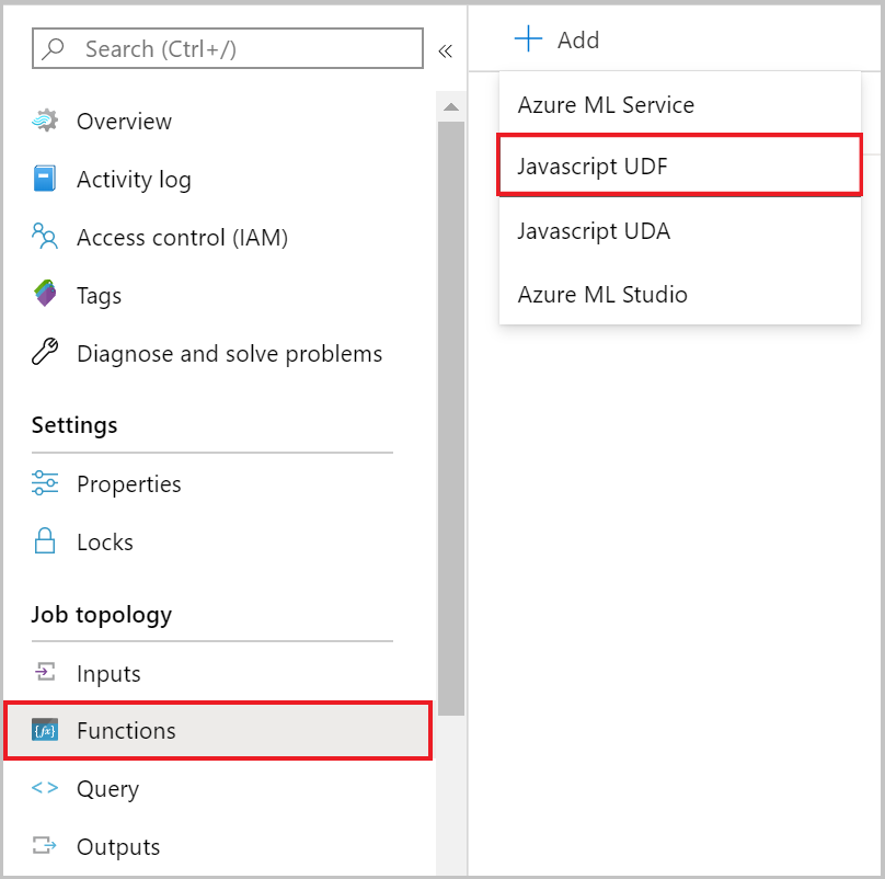 Screenshot della pagina Funzioni del portale Azure che mostra il menu Aggiungi con l'opzione UDF di JavaScript.