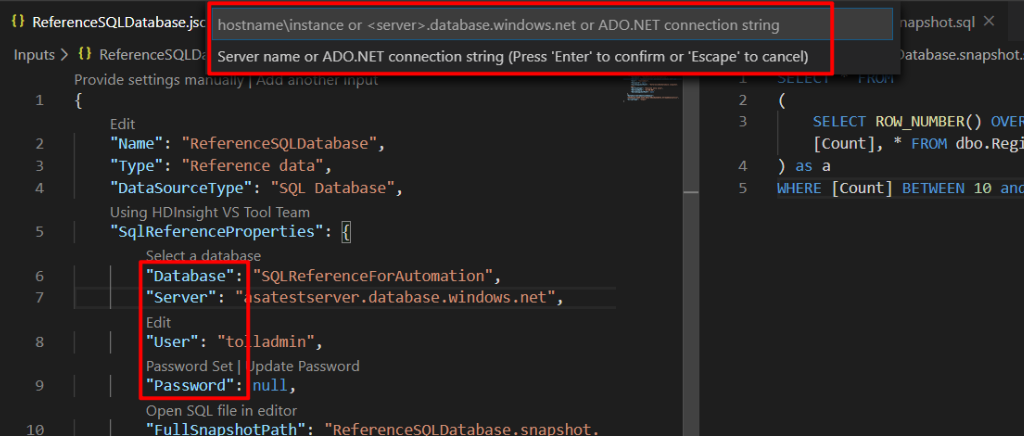 Screenshot del modulo di connessione con le caselle di database e informazioni server evidenziate.