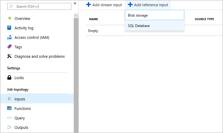 Schermata del riquadro Input di Stream Analytics con Aggiungi input di riferimento selezionato, che mostra un elenco a discesa con i valori Blob storage e SQL Database.