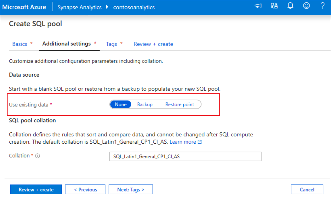 Screenshot della scheda delle impostazioni aggiuntive nel flusso di creazione del pool SQL.