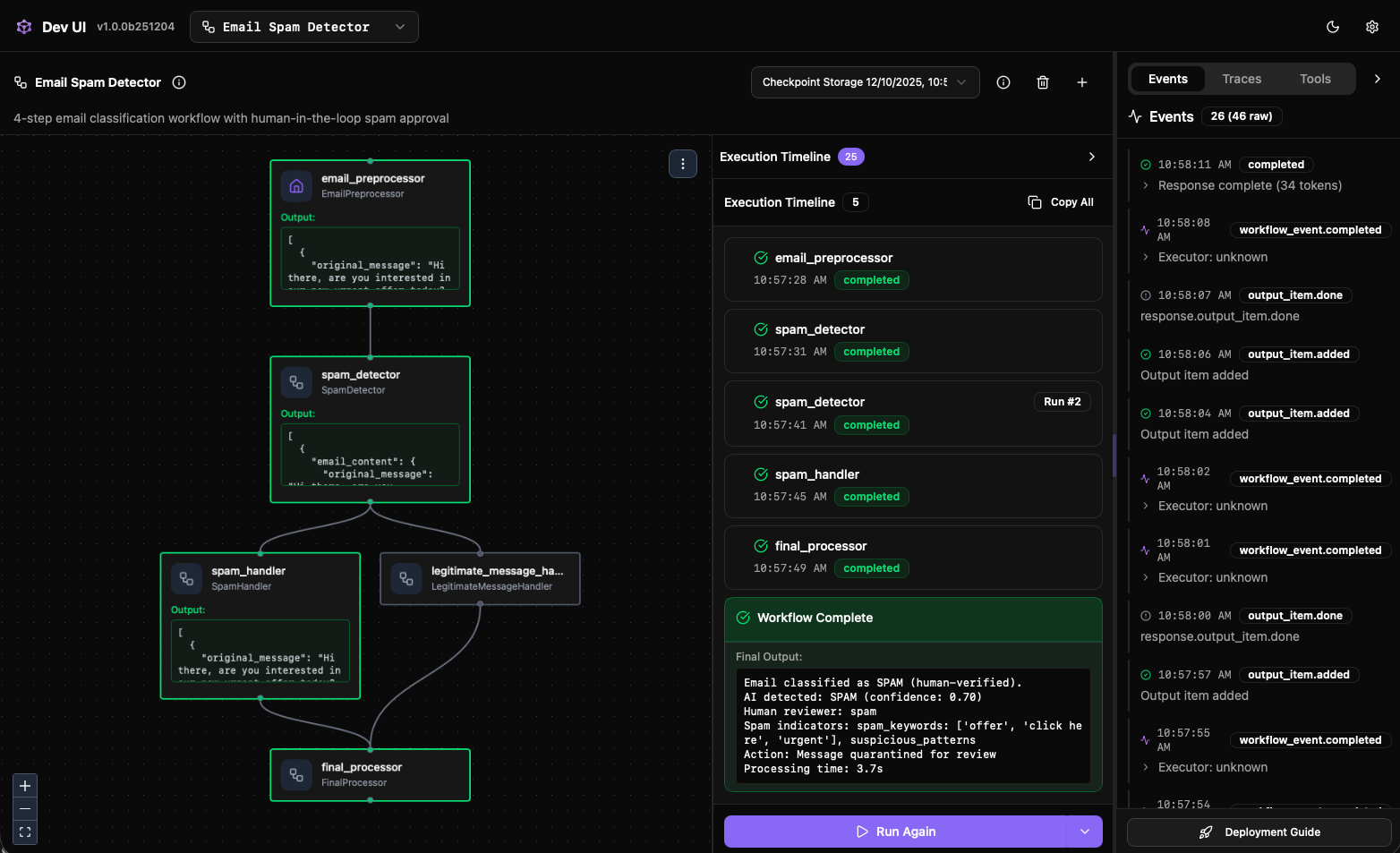 Dashboard DevUI di Agent Framework che mostra la directory e la traccia dell'agente