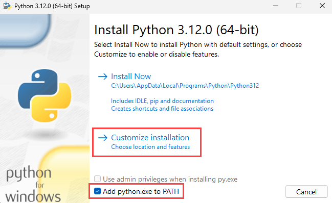 Screenshot del passaggio 1 dell'installazione di Python con 
