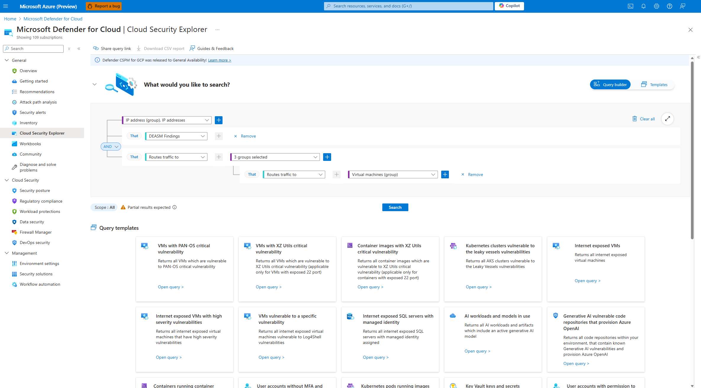 Screenshot della pagina Cloud Security Explorer nel portale di Defender for Cloud.