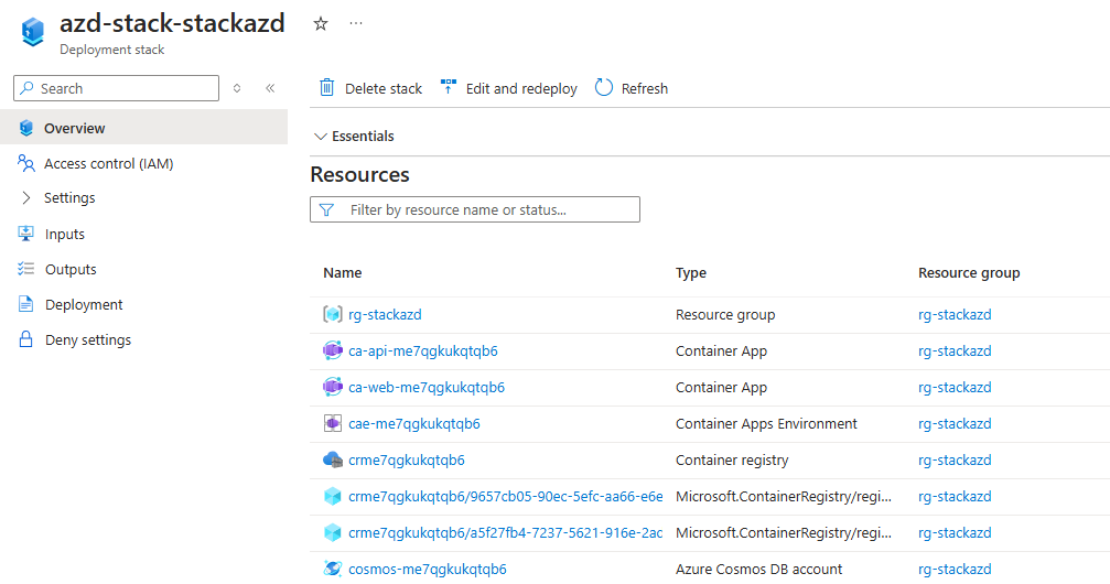 Screenshot che mostra i dettagli dello stack di distribuzione.